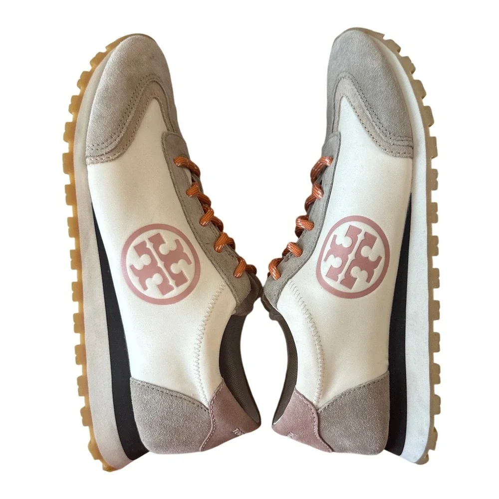 Tory Burch Annie Nylon Runner Sneakers Ivory Blush Pink Suede Size 8